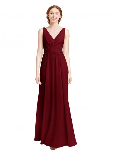 Shop Long Chiffon V-Neck Bridesmaids Dress with Double Strap