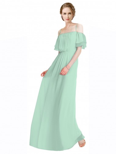 Shop Spaghetti Straps Long Chiffon Off-The-Shoulder Bridesmaid Dress with Double Flounce Sleeves