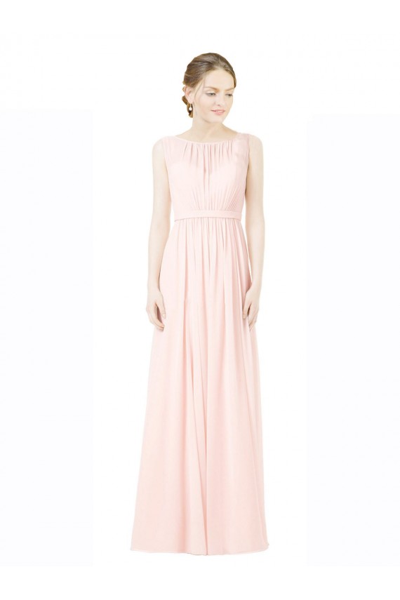 Long Chiffon Sleeveless Bridesmaid Dress with Sheer Illusion Top and V-Back