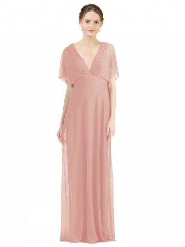 Shop Draped Short Sleeves Long Chiffon A-Line Bridesmaid Dress