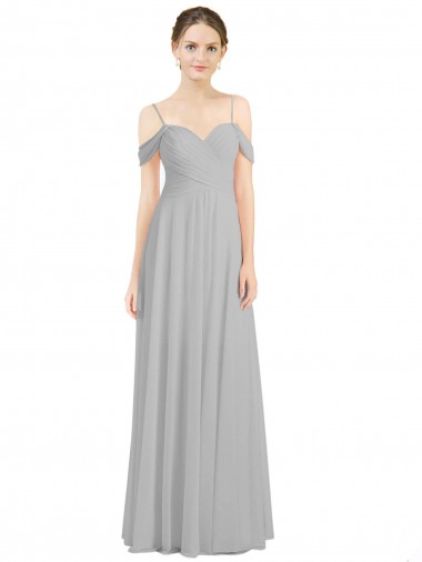 Shop Off the Shoulder Long Chiffon Bridesmaid Dress with Ruched Bodice