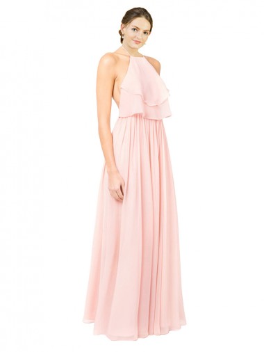 Shop Halter Neck Chiffon Bridesmaid Dress with Double Ruffle Front
