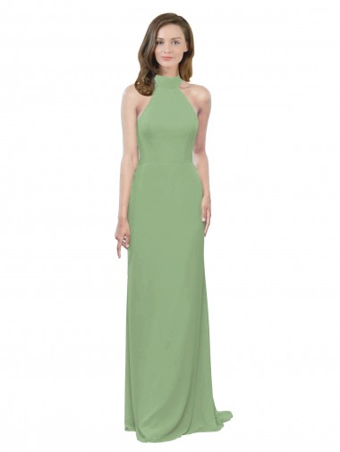 Shop High Collar Halter Neck Chiffon Bridesmaid Dress with Long Back Tie