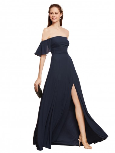 Shop Off the Shoulder Floaty Sleeves Chiffon Bridesmaid Dress with High Slit