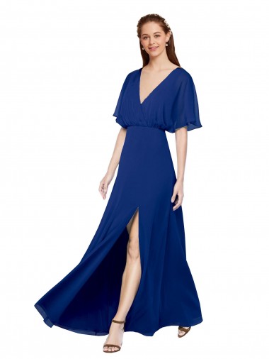Shop V-Neck Long Chiffon Bridesmaid Dress with Dolman Sleeved Bodice and Slit