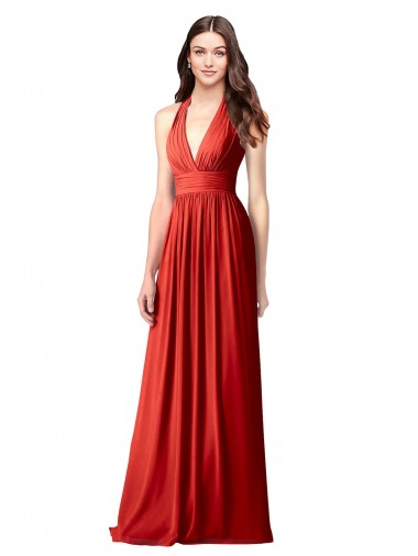 Shop Halter V-Neck A-Line Chiffon Bridesmaid Dress with Shirred Skirt