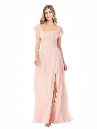 Shop Flutter Cap Sleeves Square Neck Ruffle Chiffon Bridesmaid Dress