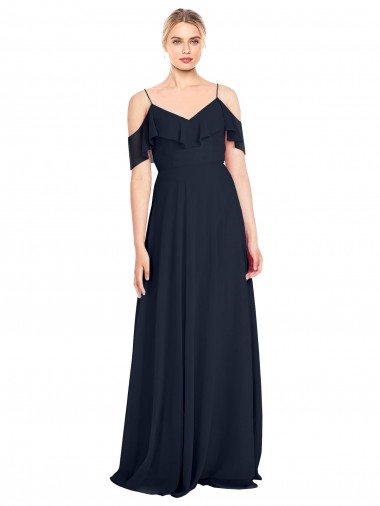 Shop Draped Sleeves Flounce Neckline Long Chiffon Bridesmaid Dress with Spaghetti Straps
