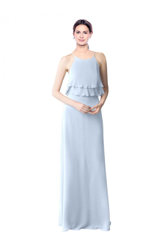 High Narrow Neck Long Chiffon Bridesmaid Dress with Tiered Ruffles