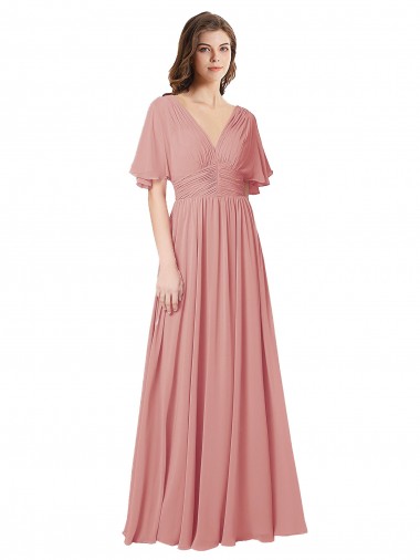 Shop Flutter Sleeves Plunging V-Neck Boho Chiffon Bridesmaid Dress