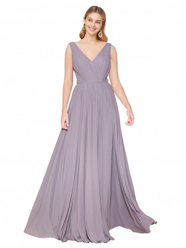 Shop Draped Floor Length High Neck V-Back Chiffon Bridesmaid Dress with Shirred Bodice