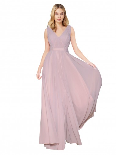 Shop Draped V-Neck Long Chiffon Bridesmaid Dress with Shirred Bodice