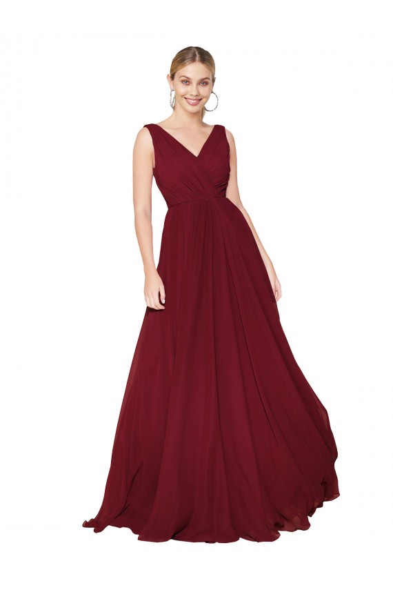 Draped A-Line V-Neck Floor Length Chiffon Bridesmaid Dress