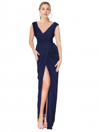 Shop Draped V-Neck Long Chiffon Bridesmaid Dress with Front Slit