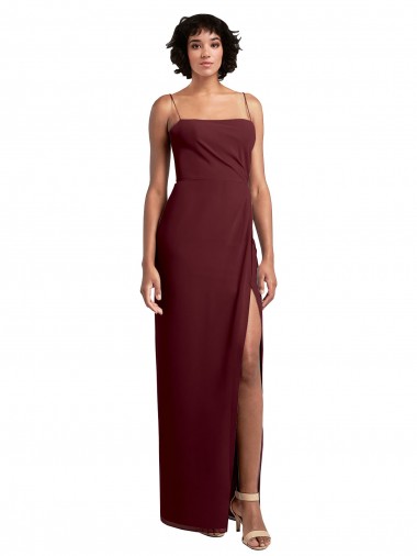 Shop Sleek Straight Neckline Chiffon Bridesmaid Dress with Spaghetti Straps and High Side Slit