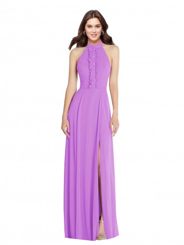 Shop Halter Backless Maxi Bridesmaid Dress with Button Ruffle Placket