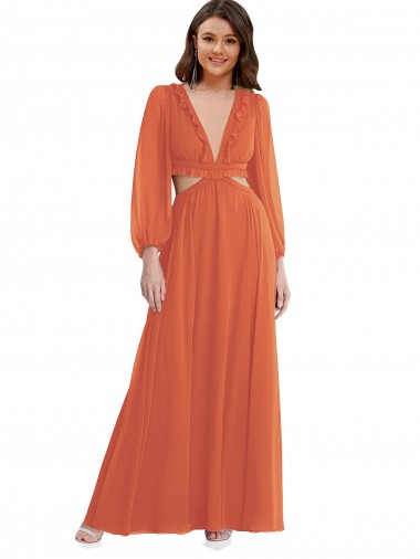 Shop High Low Ruffled Long Chiffon Cutout Bishop Sleeves Maxi Bridesmaid Dress