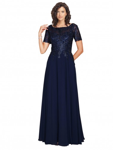 Shop Short Sleeves A-Line Long Chiffon Bridesmaid Dress with Beaded Bodice