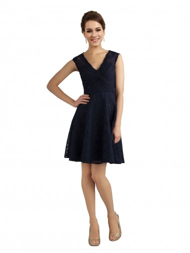 Shop Short V-Neck Lace Bridesmaid Dress with Illusion Back