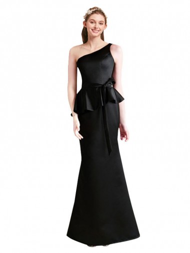 Shop Long One Shoulder Satin Bridesmaid Dress with Bow Ties