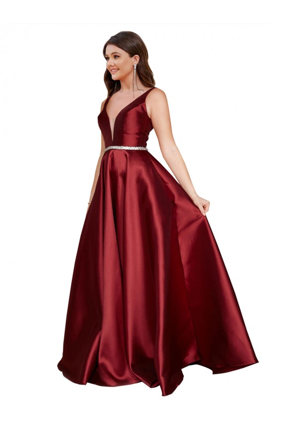 Sleeveless Deep V-Neck A-Line Satin Bridesmaid Dress with Pockets