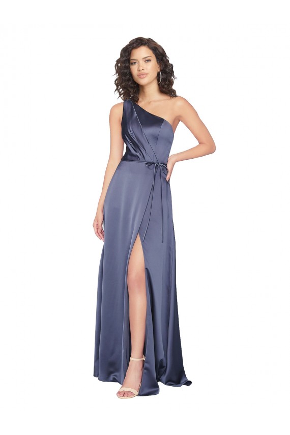 Draped Silky Satin Bridesmaid Dress with Tied Waist