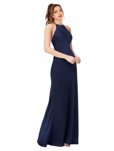 Shop High Neck Satin Bridesmaid Dress with Strappy Back