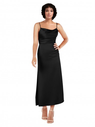 Shop Cowl Neck Tea-Length Short Silky Satin Bridesmaid dress with Skirt Slit