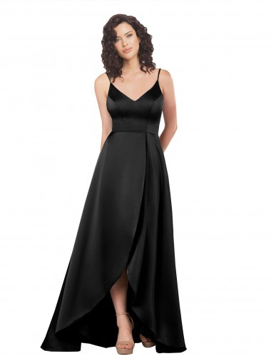 Shop High Low V-Neckline Silky Satin Tulip Bridesmaid Dress with Wrap Skirt