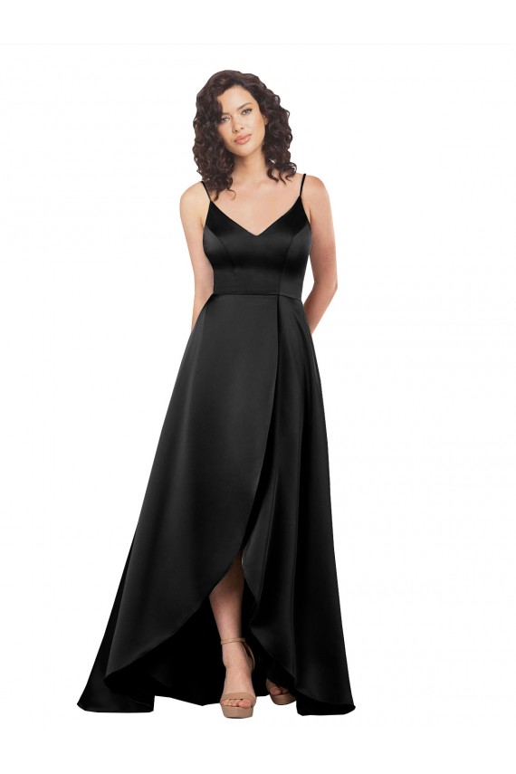 High Low V-Neckline Silky Satin Tulip Bridesmaid Dress with Wrap Skirt