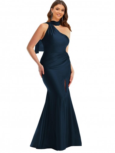 Shop Scarf Neck One Shoulder Silky Satin Mermaid Bridesmaid Dress with Front Slit