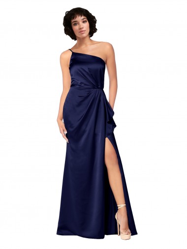 Shop One Shoulder Silky Satin Bridesmaid Dress with Skirt Slit