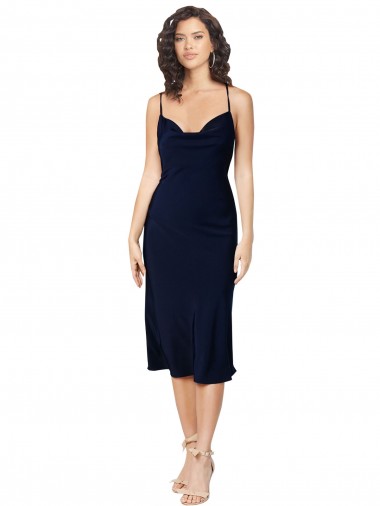 Shop Short Midi Length Silky Satin Bridesmaid Dress with Cowl Neck and Cross Back Straps