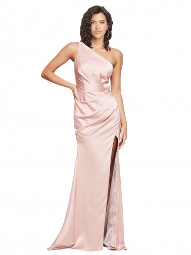 Shop Full Length Ruched Silky Satin Bridesmaid Dress with Low Back and High Split