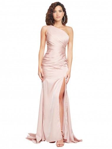 Shop Full Length One Shoulder Long Silky Satin Bridesmaid Dress with High Split