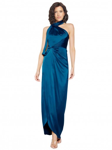 Shop High Halter Neck Silky Satin Bridesmaid Dress with Sash Overlay and Side Split