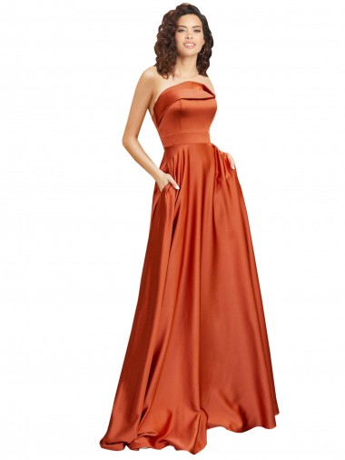 Shop Strapless Sweep Train Silky Satin Bridesmaid Dress with Pleats
