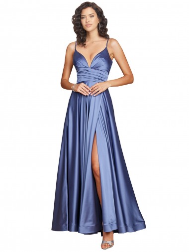 Shop Deep V-Neck Sweetheart Long Silky Satin Bridesmaid Dress with Thigh High Slit