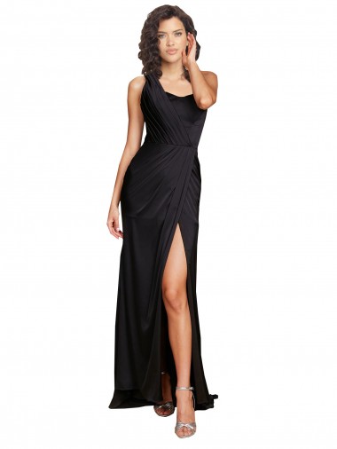 Shop Full Length One Shoulder Ruffled Long Silky Satin Bridesmaid Dress with High Slit