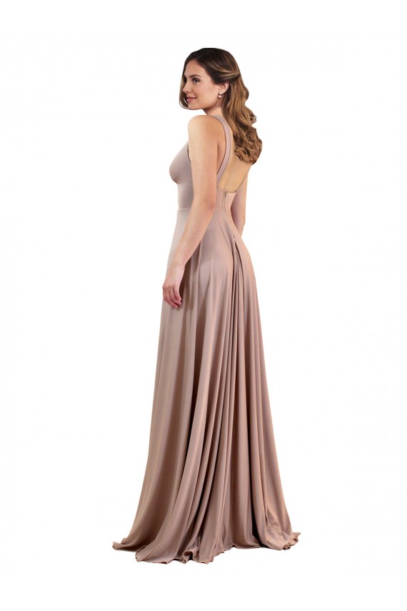 Long A-Line Plunge V-Neckline Spandex Bridesmaid Dress with Slit