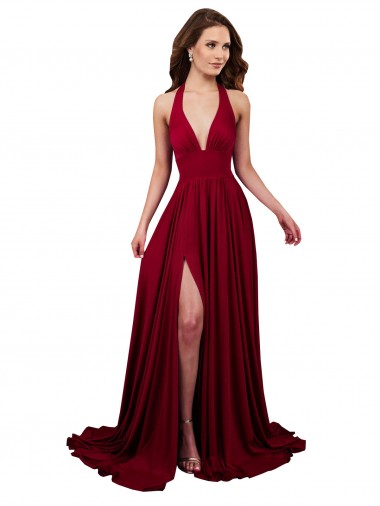 Shop A-Line Halter Plunge V-Neckline Open Back Spandex Bridesmaid Dress with Slit