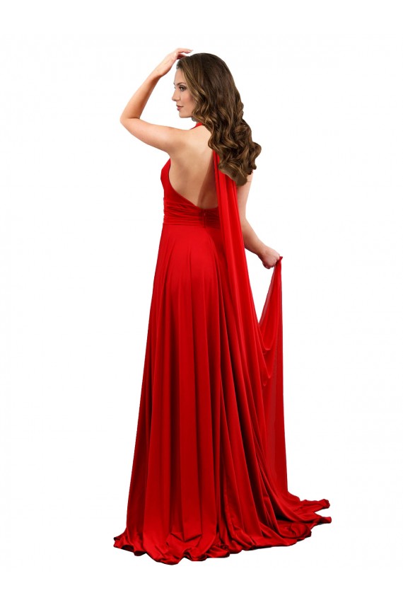 High Slit A-Line Halter Long Spandex Bridesmaid Dress Open Back