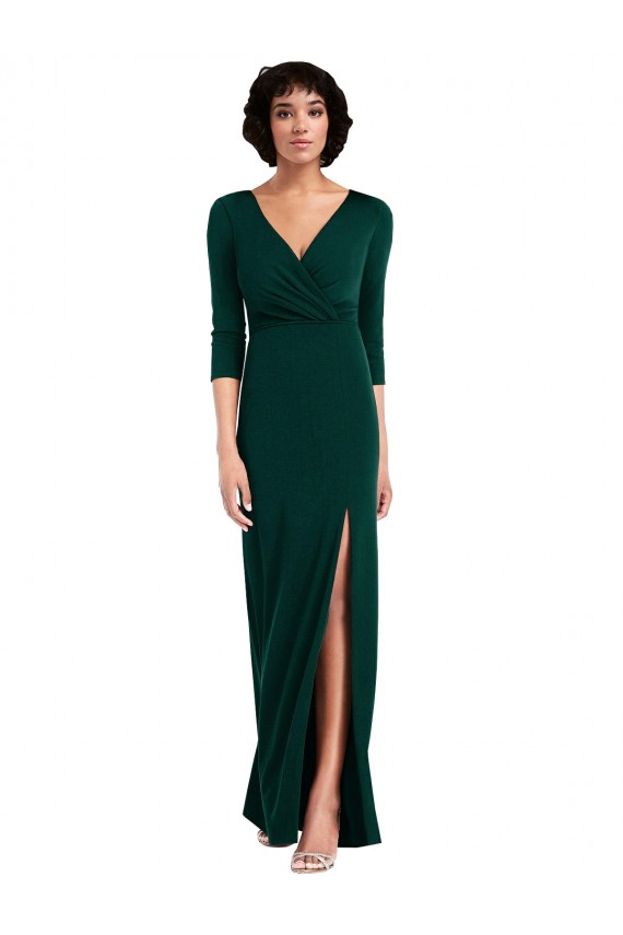 Floor Length 3/4 Sleeves V-Back Draped Wrap Maxi Spandex Bridesmaid Dress