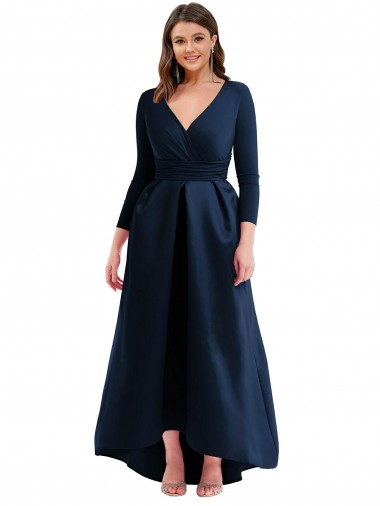 Shop Long Sleeves Wrapped Spandex Bridesmaid Dress with High Low Full Skirt and Pockets