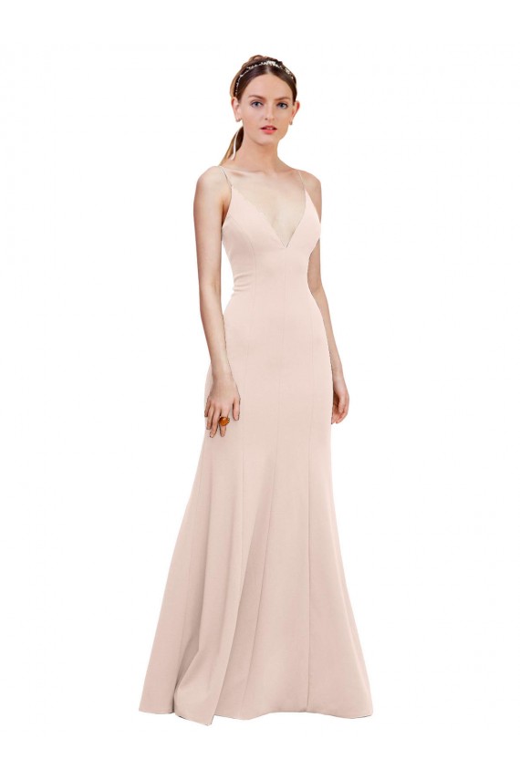 Deep V-Neck and Back Long Crepe Bridesmaid Dress