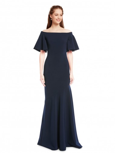 Shop Off the Shoulder Crepe Bridesmaid Dress with Short Ruffle Sleeves.