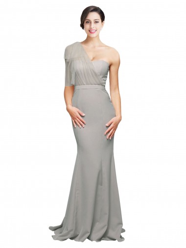Shop Long Sweep Train Sweetheart Crepe Bridesmaid Dress with Tulle One Shoulder