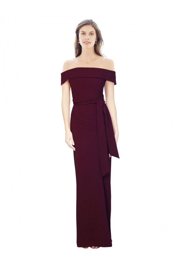 Off the Shoulder Long Crepe Bridesmaid Dress with Waist Tie