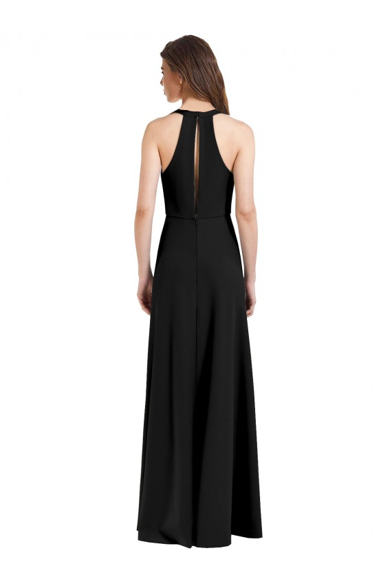 Sleek Halter V-Neck Long A-Line Stretch Crepe Bridesmaid Dress with Front Slit