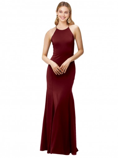 Shop Fit and Flare Halter Neckline Stretch Crepe Bridesmaid Dress with Strappy Back